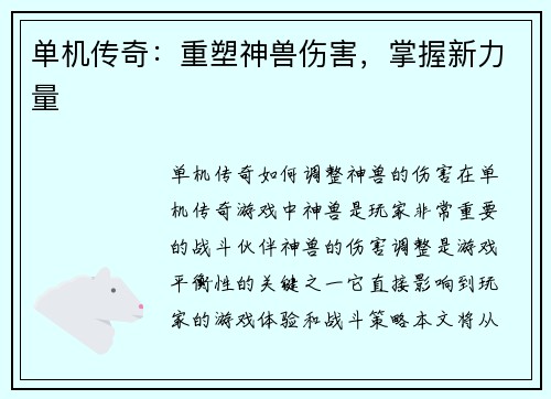 单机传奇：重塑神兽伤害，掌握新力量