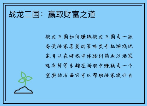 战龙三国：赢取财富之道